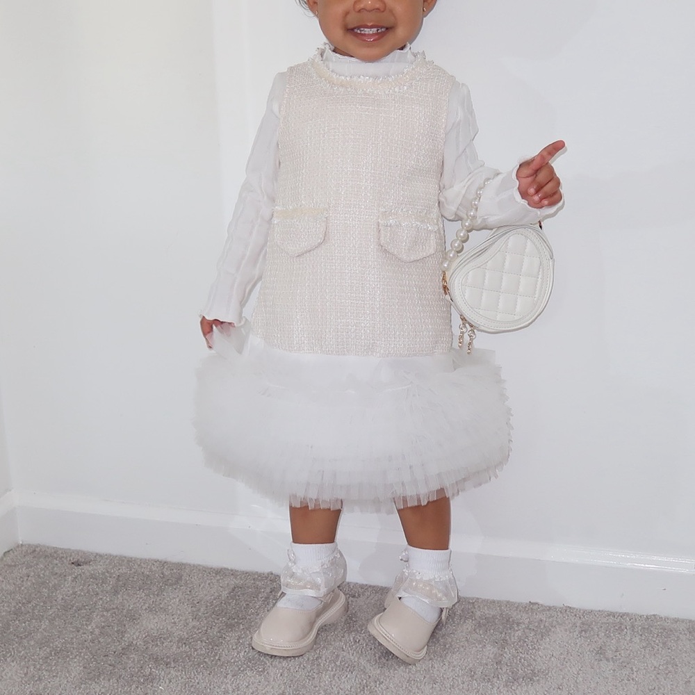 Girls Cream Tulle Trim Dress - Brand Not Visible